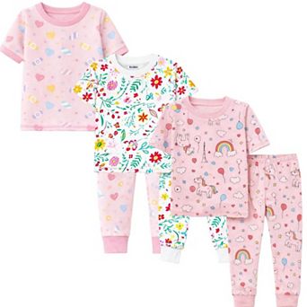 Girls 3-Pack Pajamas Flowers Rainbow Candy Snug Fit Short Sleeve PJs