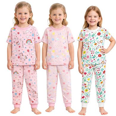 Girls 3-Pack Pajamas Flowers Rainbow Candy Snug Fit Short Sleeve PJs