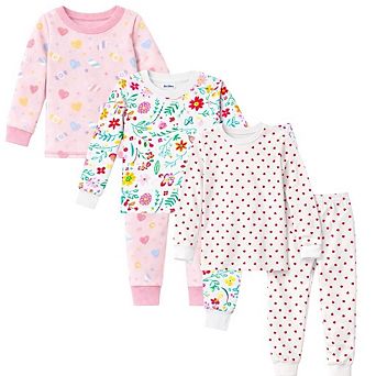 Girls 3-Pack Pajamas Hearts Flowers Candy Snug Fit Long Sleeve PJs