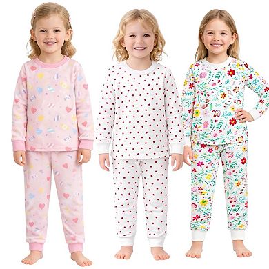 Girls 3-Pack Pajamas Hearts Flowers Candy Snug Fit Long Sleeve PJs