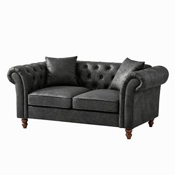 GOMYHOME 66" Chesterfield Faux Leather Loveseat Sofa with Rolled Arms and Tufted Back, Black