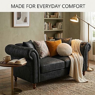 GOMYHOME 66" Chesterfield Faux Leather Loveseat Sofa with Rolled Arms and Tufted Back, Black