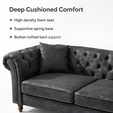 GOMYHOME 66" Chesterfield Faux Leather Loveseat Sofa with Rolled Arms and Tufted Back, Black