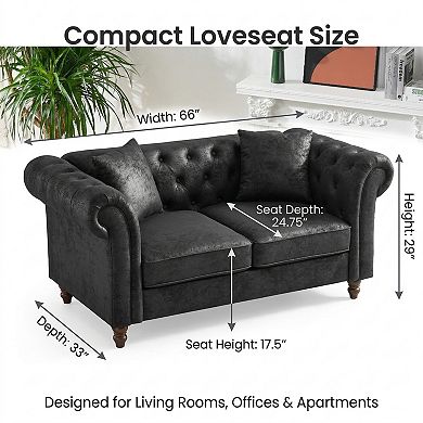 GOMYHOME 66" Chesterfield Faux Leather Loveseat Sofa with Rolled Arms and Tufted Back, Black