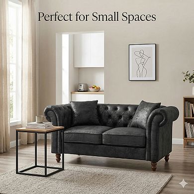 GOMYHOME 66" Chesterfield Faux Leather Loveseat Sofa with Rolled Arms and Tufted Back, Black