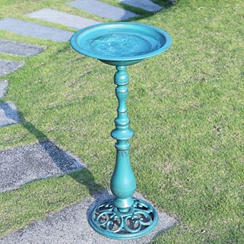 1 pc 27.6 in H x 12.2 in W Cast Iron Metal Bird Bath Pedestal Outdoor Garden Decor Blue