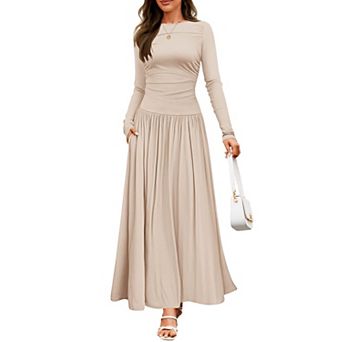Women's Long Sleeve Knit Midi Dress Crewneck Side Pockets Slim Fit