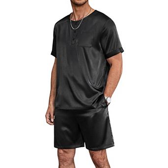 Ekouaer Men Pajamas Set 2 pc Silk Sleepwear Shorts Button Down Tops Loungewear with Pockets