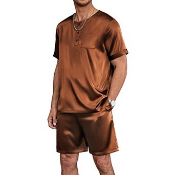 Ekouaer Men Pajamas Set 2 pc Silk Sleepwear Shorts Button Down Tops Loungewear with Pockets
