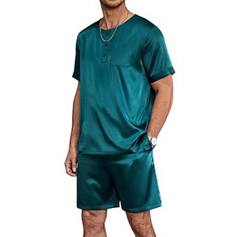 Ekouaer Men Pajamas Set 2 pc Silk Sleepwear Shorts Button Down Tops Loungewear with Pockets