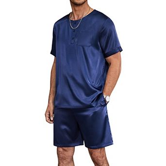 Ekouaer Men Pajamas Set 2 pc Silk Sleepwear Shorts Button Down Tops Loungewear with Pockets
