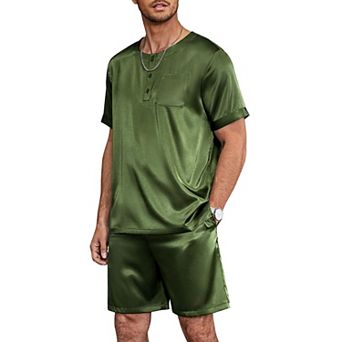 Ekouaer Men Pajamas Set 2 pc Silk Sleepwear Shorts Button Down Tops Loungewear with Pockets