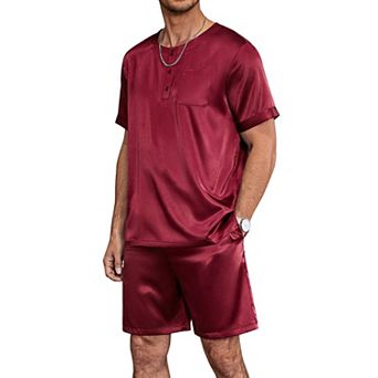 Ekouaer Men Pajamas Set 2 pc Silk Sleepwear Shorts Button Down Tops Loungewear with Pockets