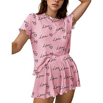 Ekouaer Womens Pajamas 2 pc Ribbed Knit Pjs Short Sleeve Pajamas Set