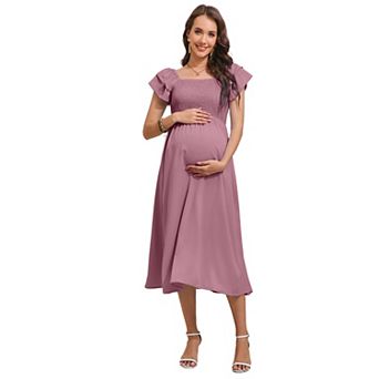 Women's Maternity Square Neck Dress with Layered Sleeves Midi Dress