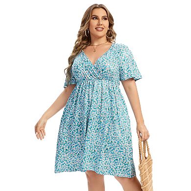 Women's Plus Size V-Neck Floral Print Midi Dress with Side Pockets