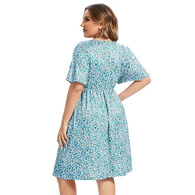 Women's Plus Size V-Neck Floral Print Midi Dress with Side Pockets