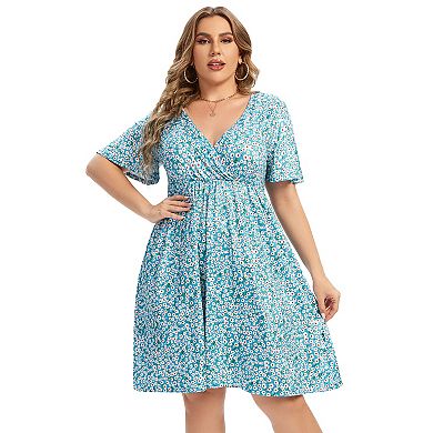 Women's Plus Size V-Neck Floral Print Midi Dress with Side Pockets