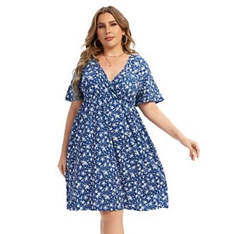 Women's Plus Size V-Neck Floral Print Midi Dress with Side Pockets