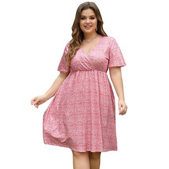 Women's Plus Size V-Neck Floral Print Midi Dress with Side Pockets