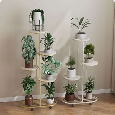 Metal Multiple Flower Pot Holder Shelf w/Wheels-Indoor/Outdoor Planter Display Unit for Patio