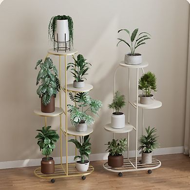 Metal Multiple Flower Pot Holder Shelf w/Wheels-Indoor/Outdoor Planter Display Unit for Patio