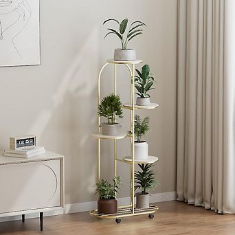 Metal Multiple Flower Pot Holder Shelf w/Wheels-Indoor/Outdoor Planter Display Unit for Patio