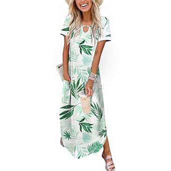 Zeagoo Women's Casual Summer Short Sleeve Maxi Long Dresses with Pockets Curve Hem Crew Neck