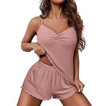 Ekouaer Womens Ribbed Knit Pajama Set Cami Camisole Tank Top and Shorts Lingerie Sleepwear