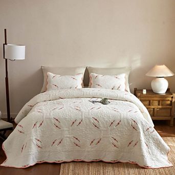 Marcielo 3 pc Cotton French Country Quilt Bedspread Set Floral Embroidery