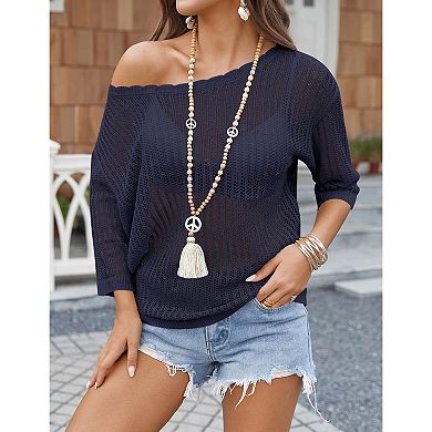 Zeagoo Women's Short Sleeve Off Shoulder Crochet Knit Pullover Sweater Summer Tops
