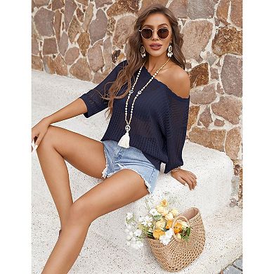 Zeagoo Women's Short Sleeve Off Shoulder Crochet Knit Pullover Sweater Summer Tops