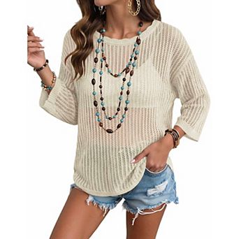 Zeagoo Women's Short Sleeve Off Shoulder Crochet Knit Pullover Sweater Summer Tops