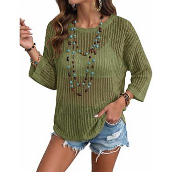 Zeagoo Women's Short Sleeve Off Shoulder Crochet Knit Pullover Sweater Summer Tops