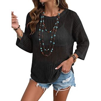 Zeagoo Women's Short Sleeve Off Shoulder Crochet Knit Pullover Sweater Summer Tops