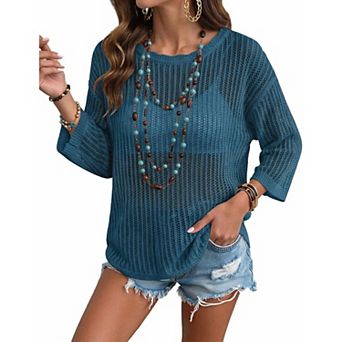 Zeagoo Women's Short Sleeve Off Shoulder Crochet Knit Pullover Sweater Summer Tops