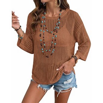 Zeagoo Women's Short Sleeve Off Shoulder Crochet Knit Pullover Sweater Summer Tops