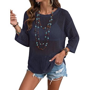 Zeagoo Women's Short Sleeve Off Shoulder Crochet Knit Pullover Sweater Summer Tops