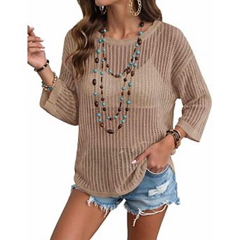 Zeagoo Women's Short Sleeve Off Shoulder Crochet Knit Pullover Sweater Summer Tops