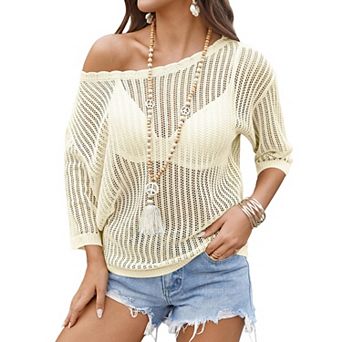 Zeagoo Women's Short Sleeve Off Shoulder Crochet Knit Pullover Sweater Summer Tops