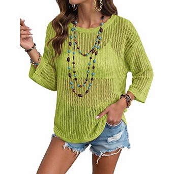 Zeagoo Women's Short Sleeve Off Shoulder Crochet Knit Pullover Sweater Summer Tops