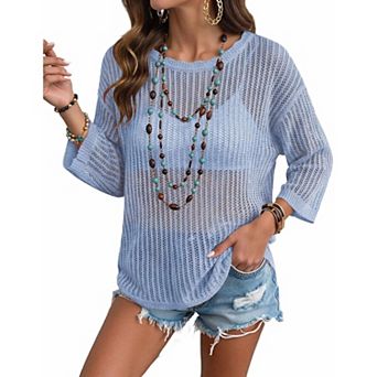 Zeagoo Women's Short Sleeve Off Shoulder Crochet Knit Pullover Sweater Summer Tops