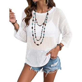 Zeagoo Women's Short Sleeve Off Shoulder Crochet Knit Pullover Sweater Summer Tops
