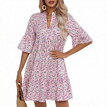 Women's Short Sleeve V-Neck Casual Loose Fit Midi Dress