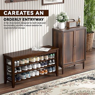 3 Tier Wooden Shoe Rack Bench Adjustable Shelves for Entryway Mudroom 47 Inch 1 Piece