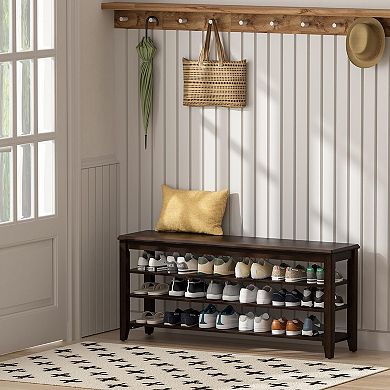 3 Tier Wooden Shoe Rack Bench Adjustable Shelves for Entryway Mudroom 47 Inch 1 Piece