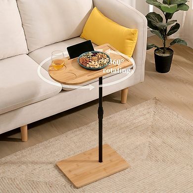 Adjustable 100% Bamboo C-Shaped Couch Tray Side Table with Shelf