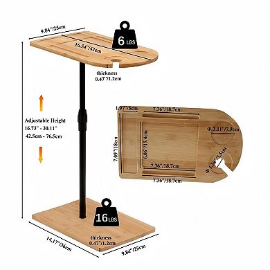 Adjustable 100% Bamboo C-Shaped Couch Tray Side Table with Shelf