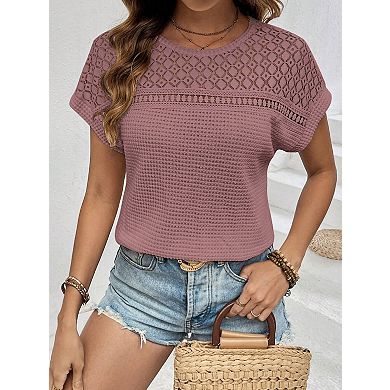 Women's Waffle Knit Raglan Mesh Hollow Out Short Sleeve T-Shirt Top