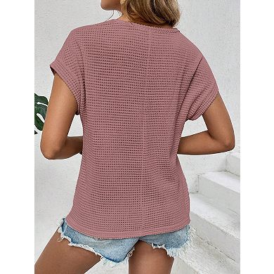 Women's Waffle Knit Raglan Mesh Hollow Out Short Sleeve T-Shirt Top